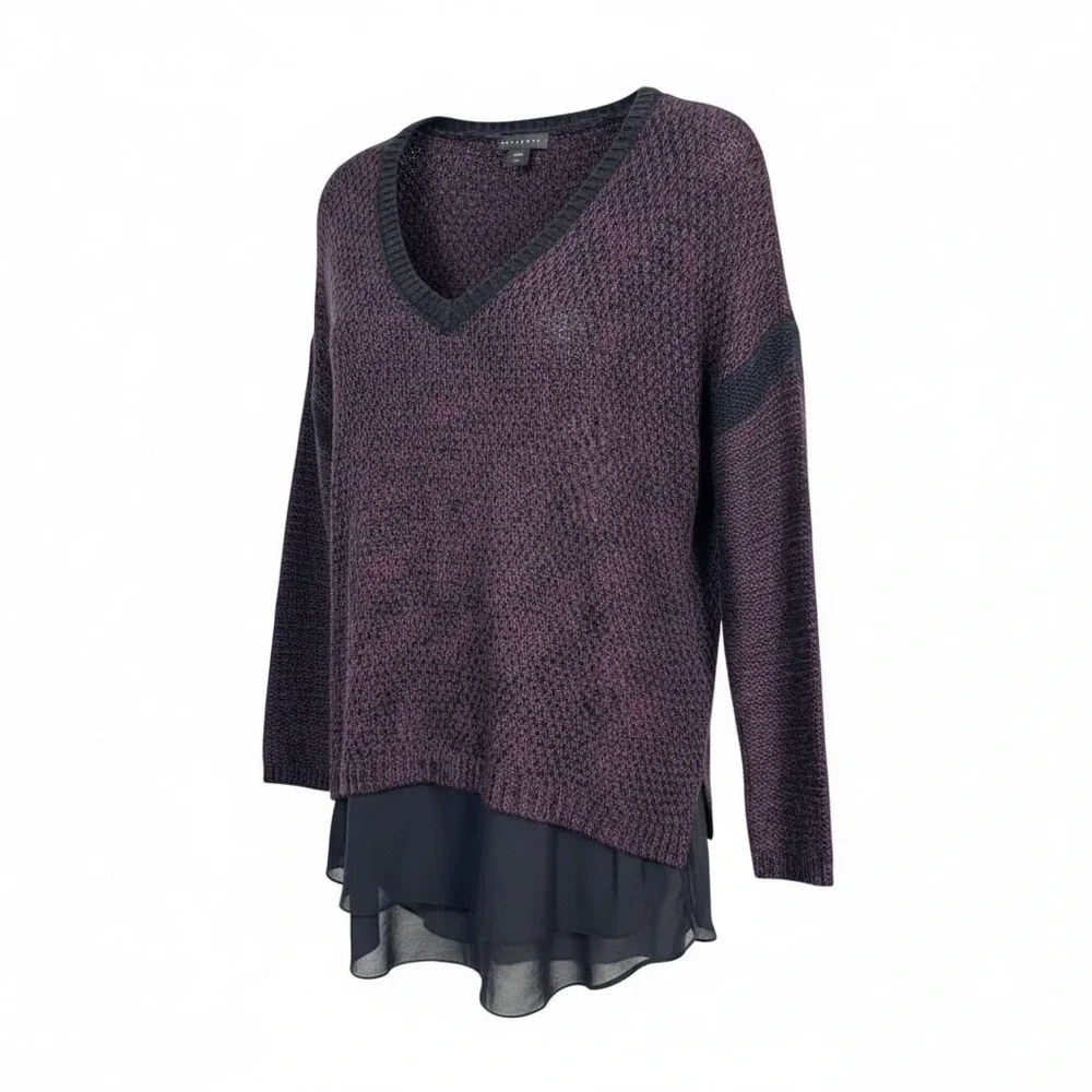 Metaphor Womens V Neck Speckled Knit Chiffon Hem Sweater Top Purple Black Size S - Picture 1 of 6